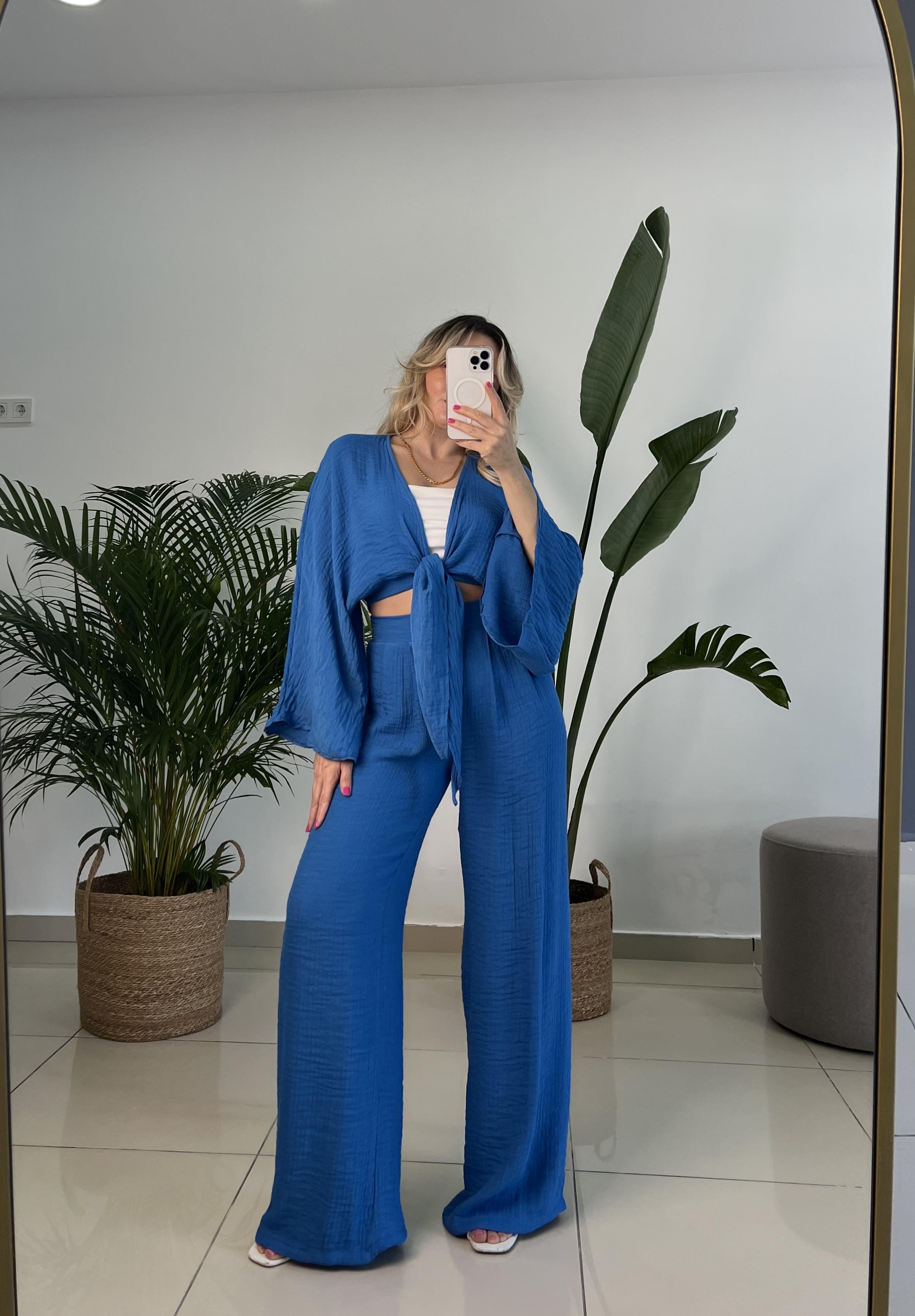 Sax Mavi Krinkıl Keten Takım