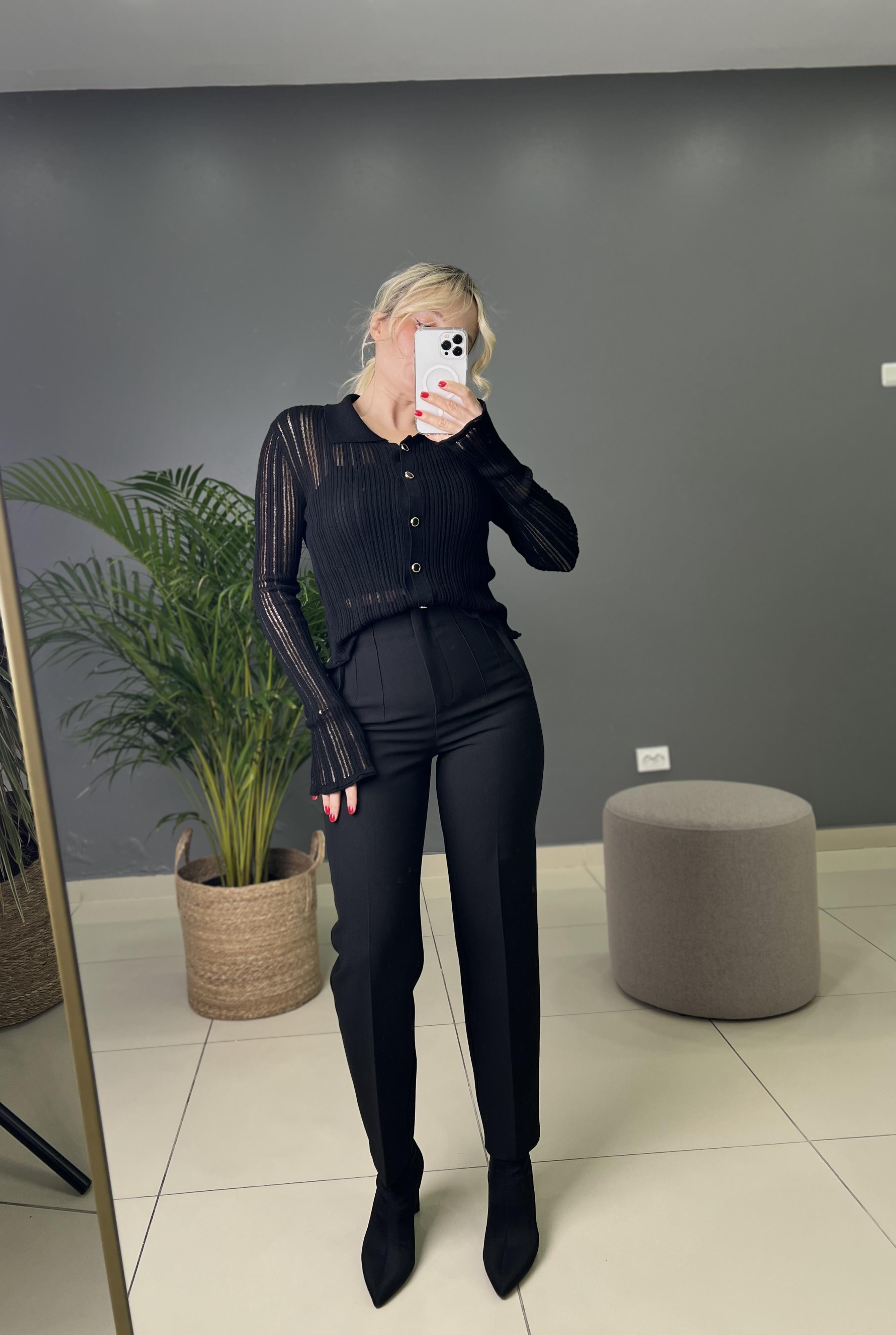 Siyah Filetolu Kumaş Pantolon 