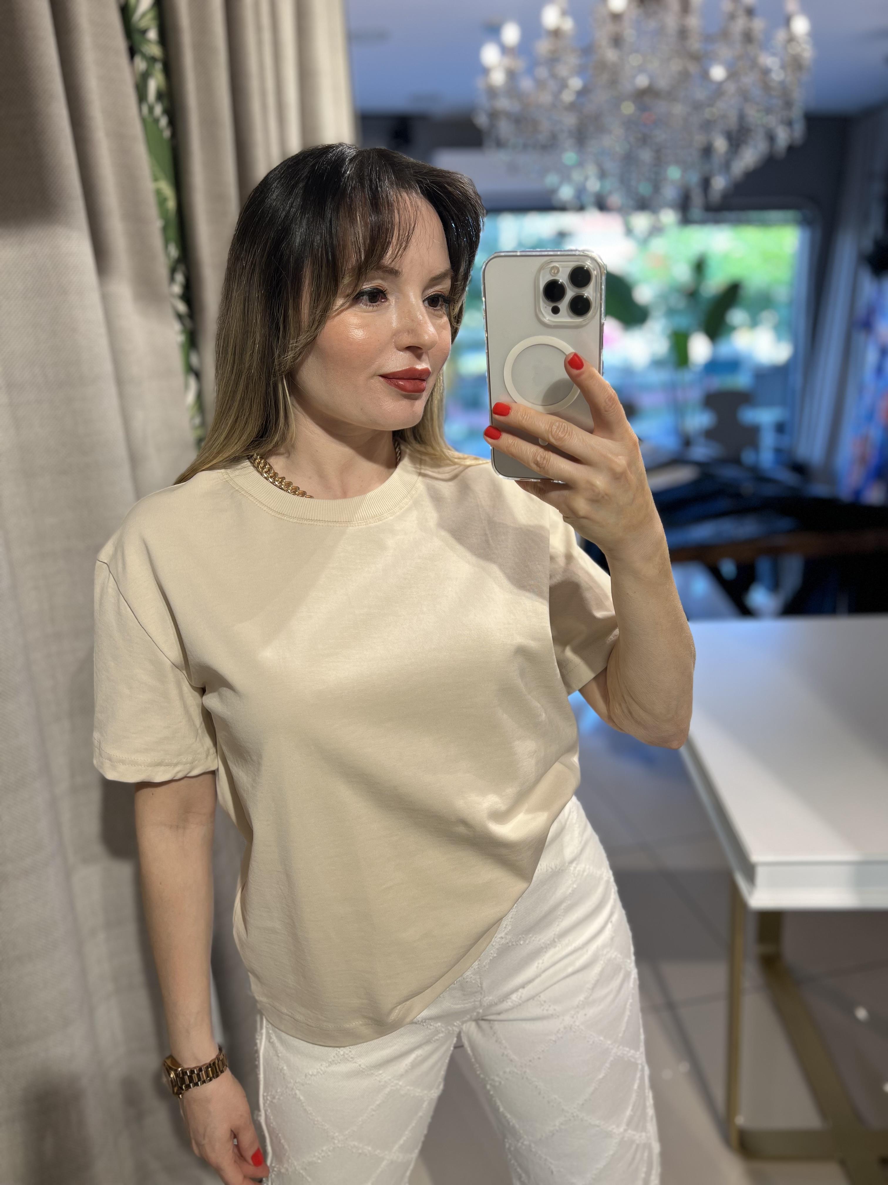 Taş Rengi Bisiklet Yaka Cotton Pamuk Tişört
