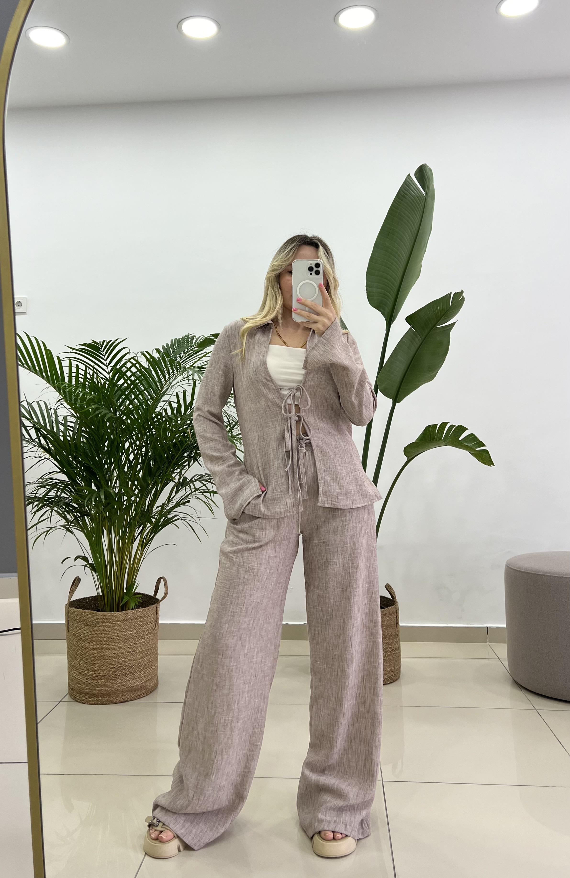 Tilda Bağlamalı Bluz Pantolon Sütlü Kahve Keten Takım