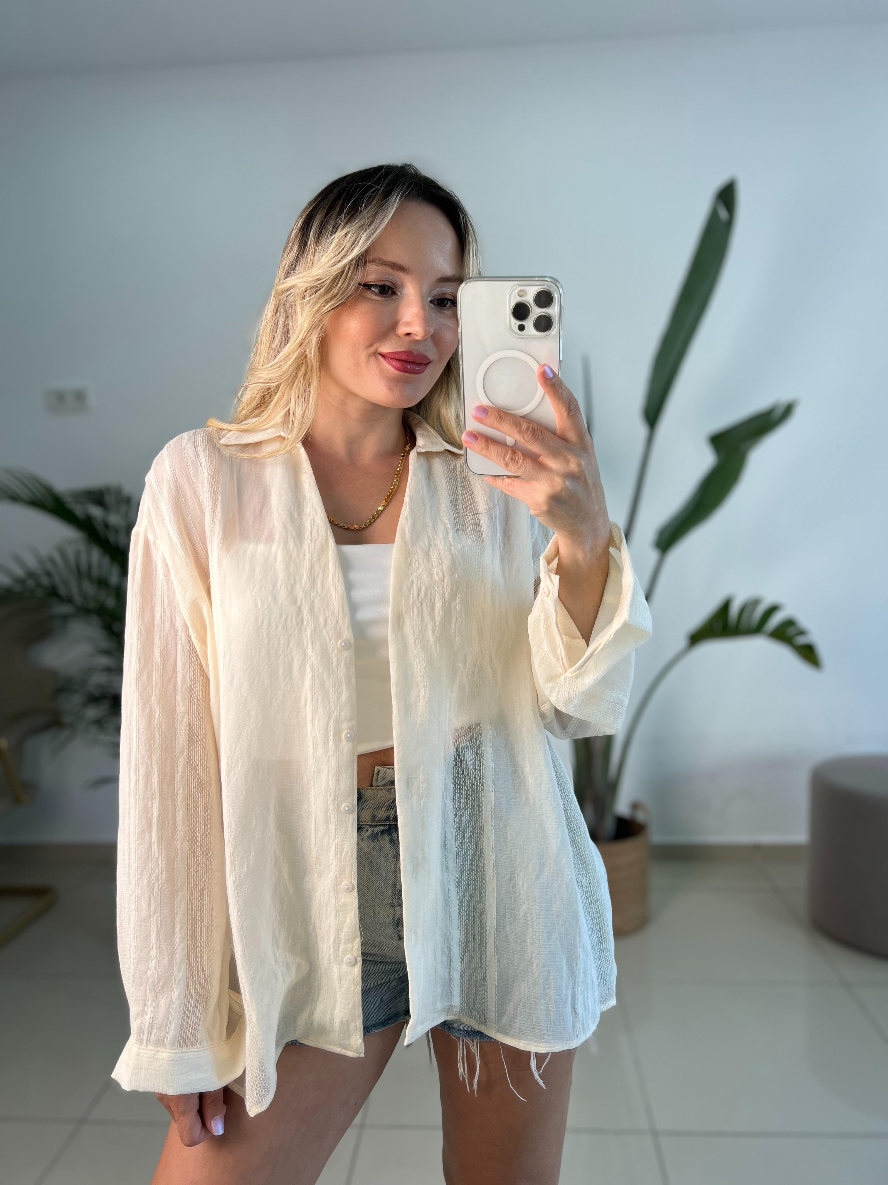 Transparan V Yaka Krem Gömlek