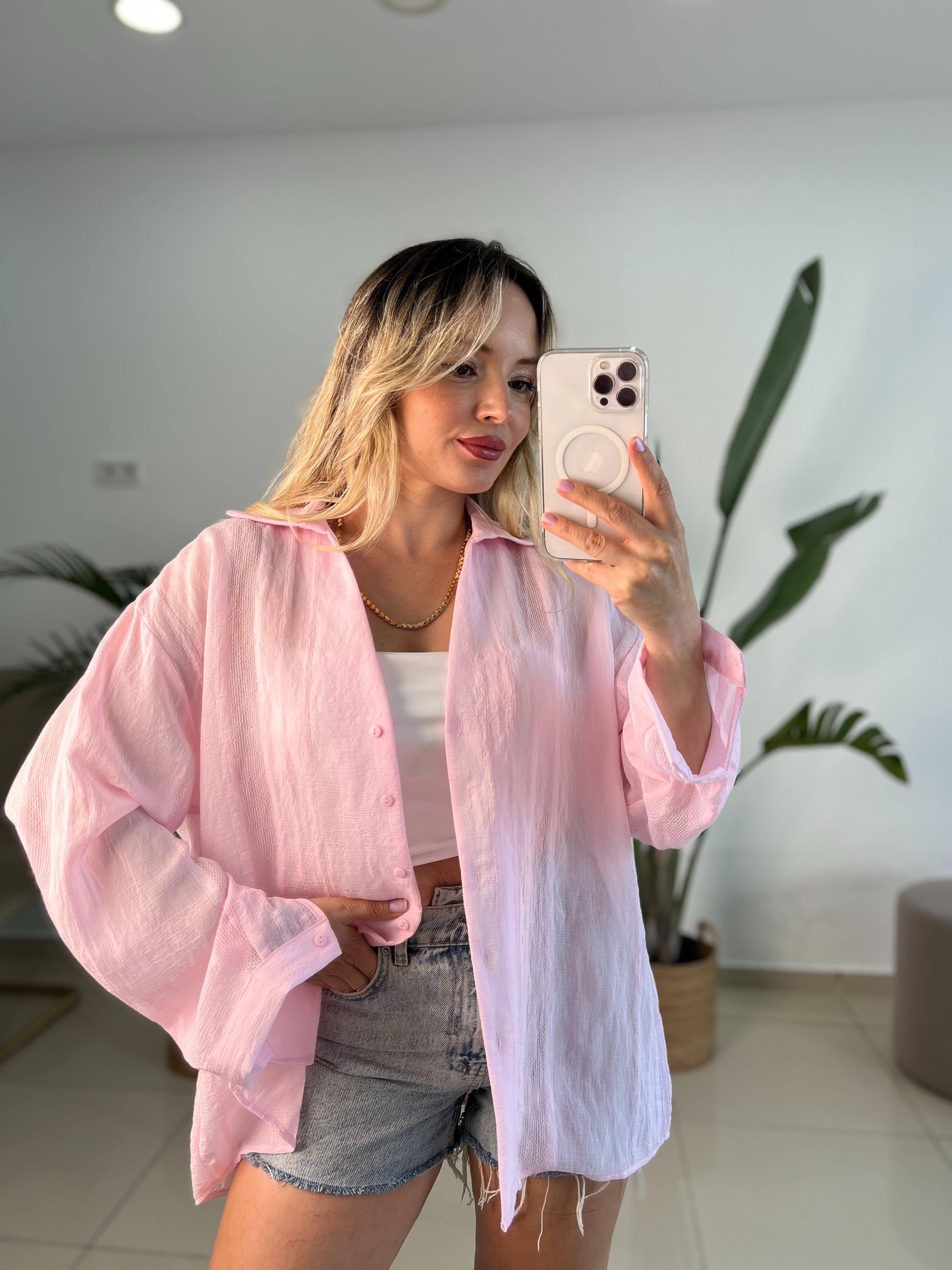 Transparan V Yaka Pembe Gömlek