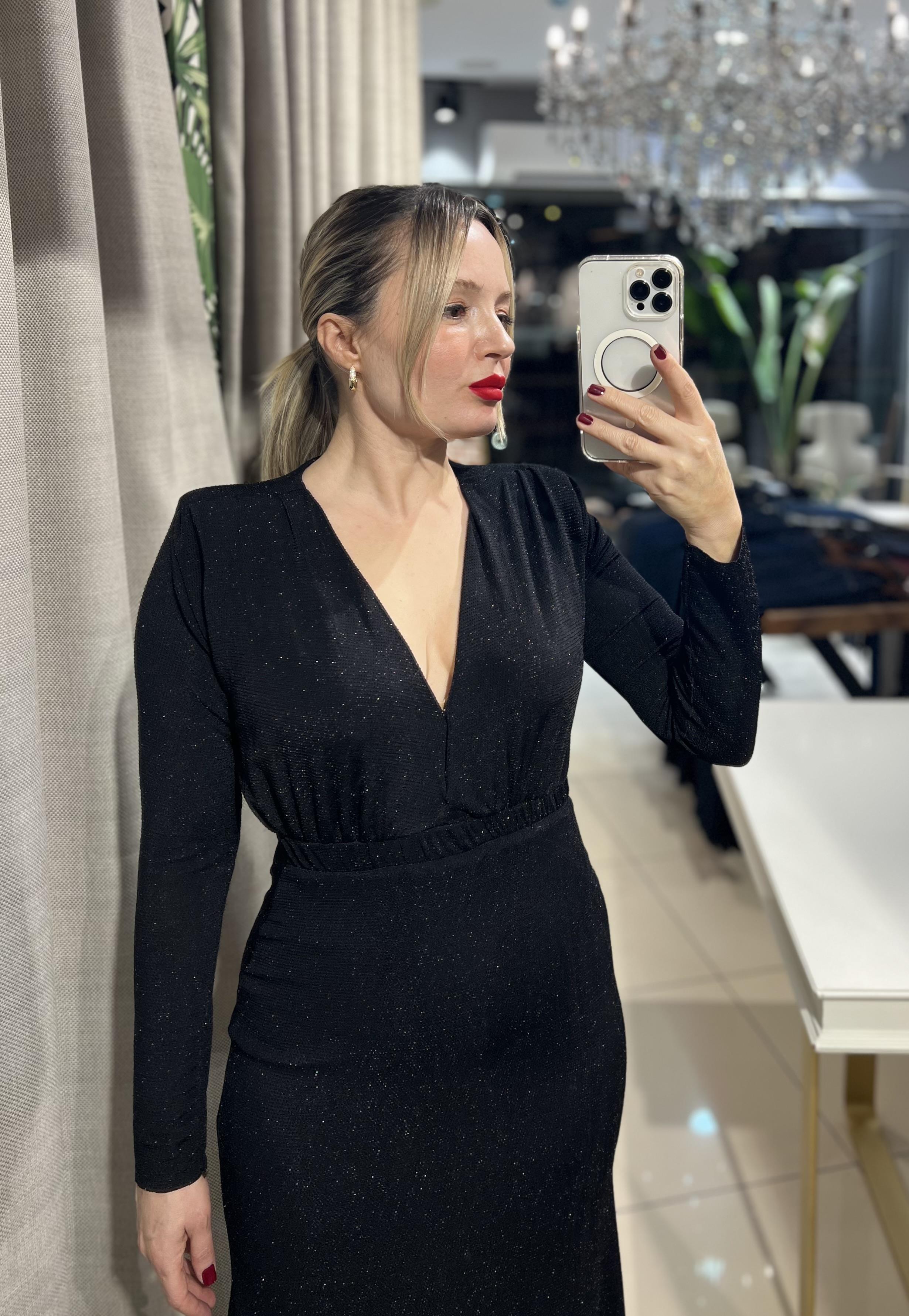 V Yaka Işıltılı Elbise