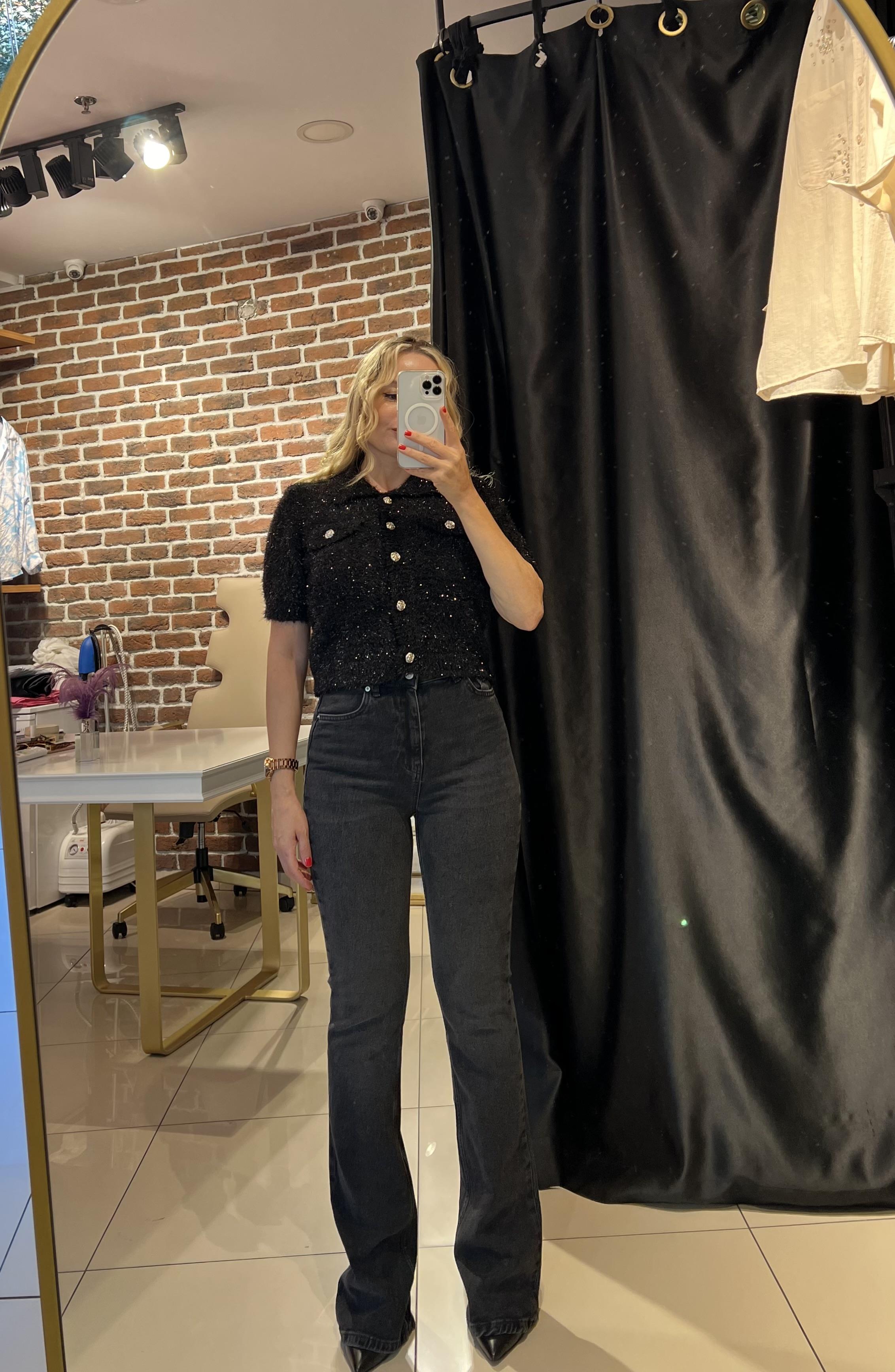 Yüksek Bel İspanyol Paça Siyah Pantolon