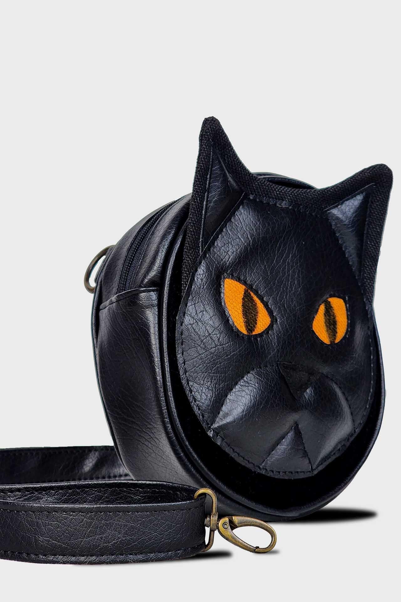 Siyah Kedi Fonksiyonel Mini Omuz ve Bel Çantası