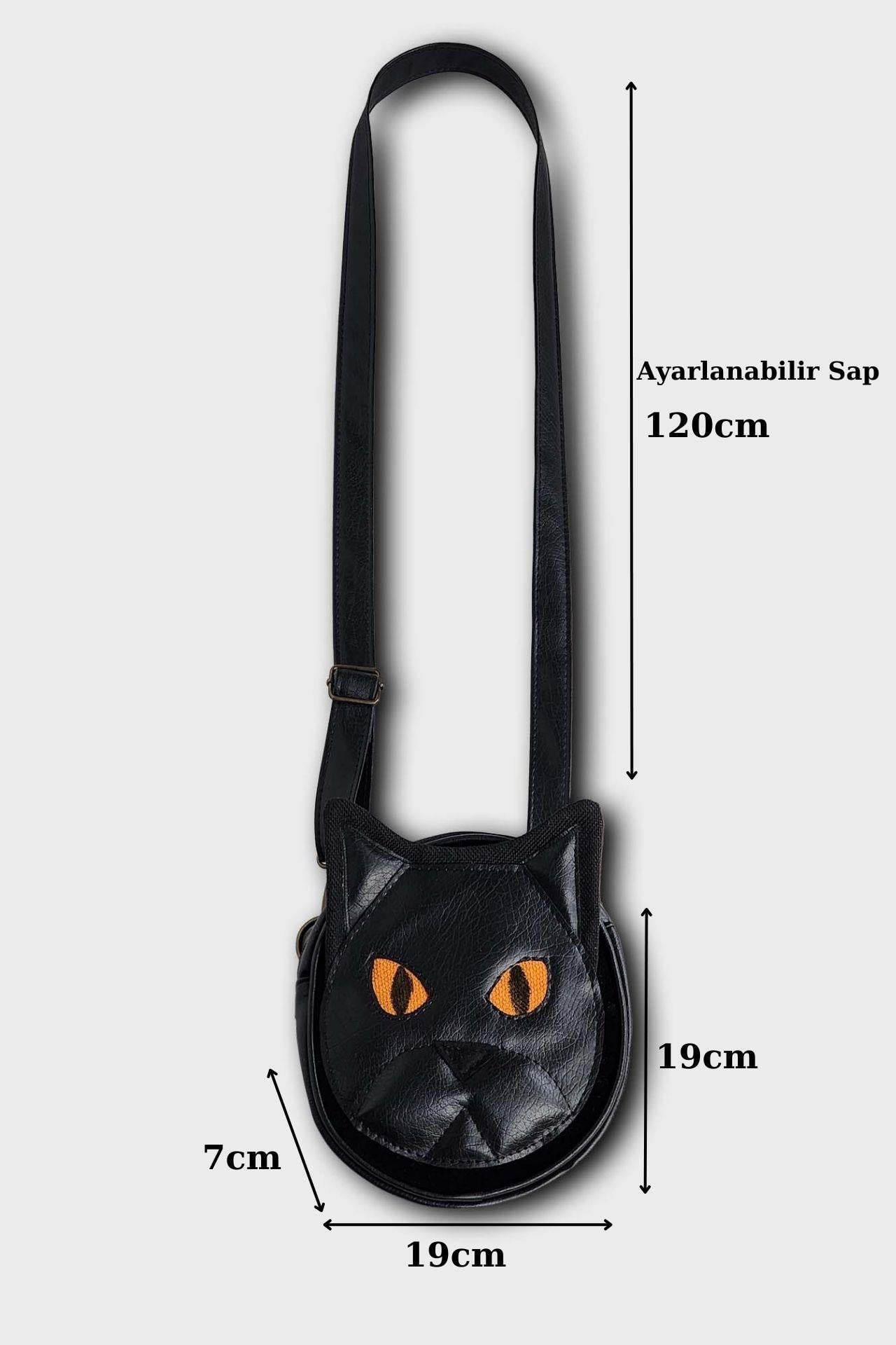 Siyah Kedi Fonksiyonel Mini Omuz ve Bel Çantası