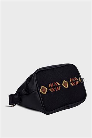 Siyah Kilim Şerit Omuz ve Bel Çantası