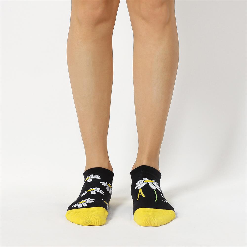 Daisy Desenli Siyah Eşi Farklı Kısa Patik Bilek Çorap