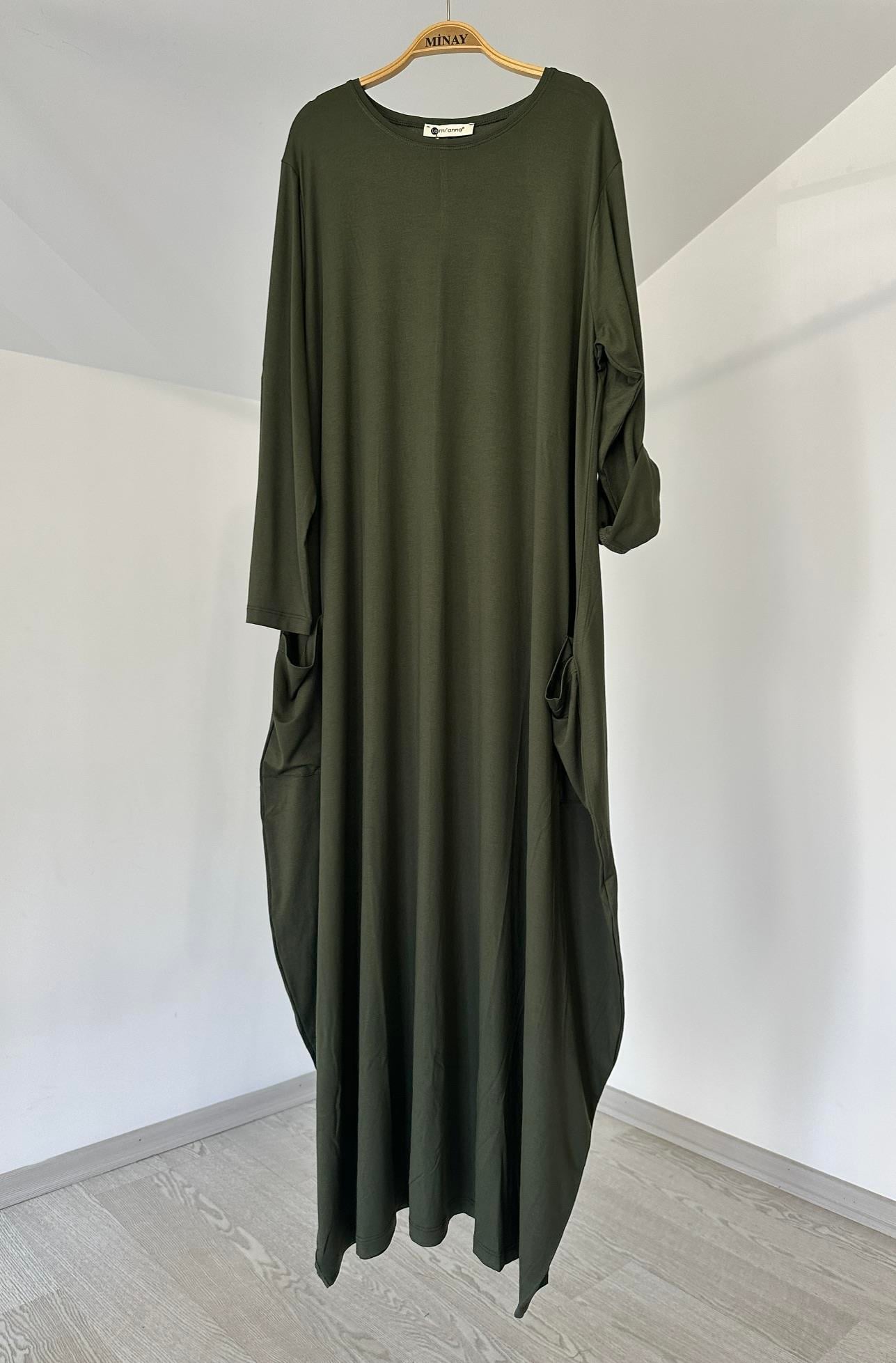 007 Rahat Kalıp Viscose Elbise-Haki