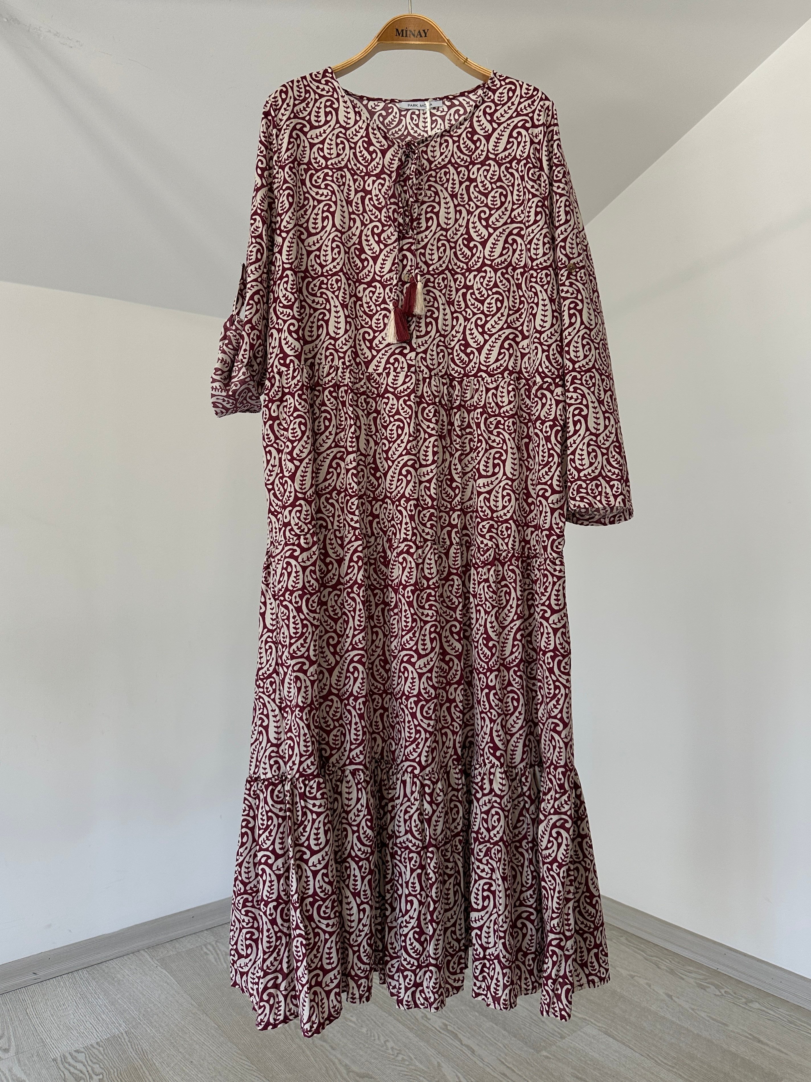 10504 Desenli Pamuklu Elbise-Bordo