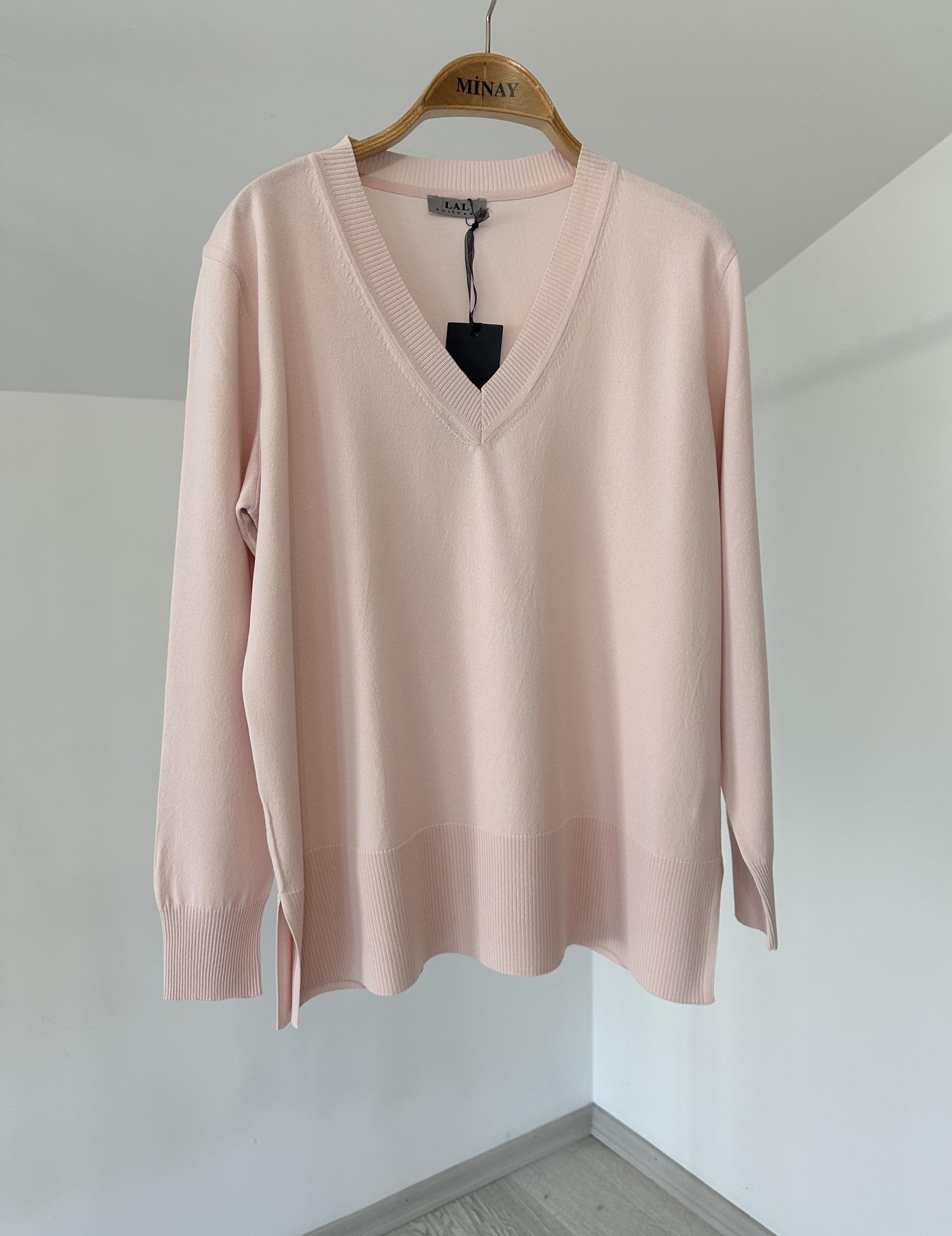 13009 İtalyan Rayon İplik V Yaka Triko Bluz-Pembe