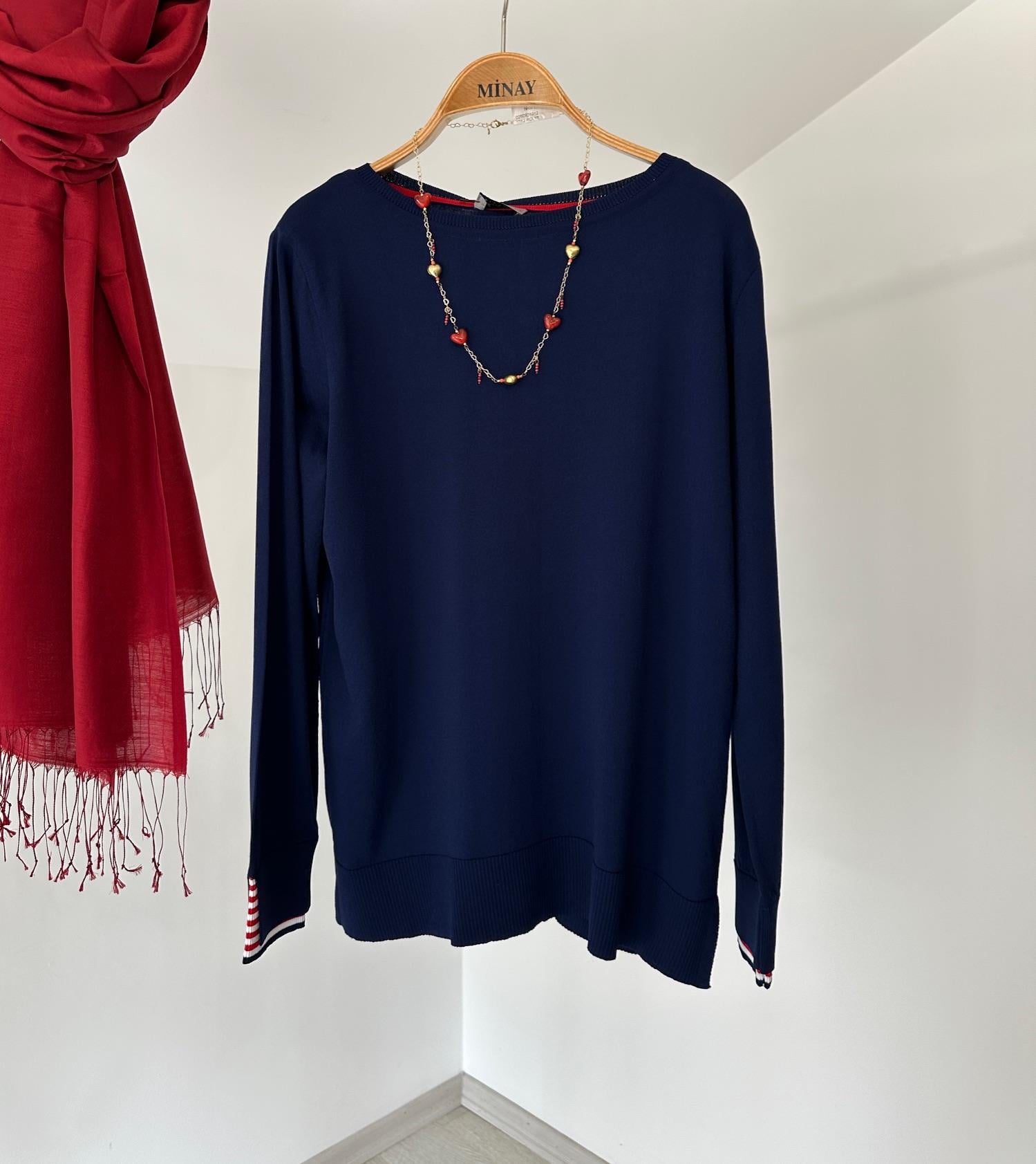 13022 Manşette Çizgi Detaylı İtalyan Rayon İplik Triko Bluz-Laci