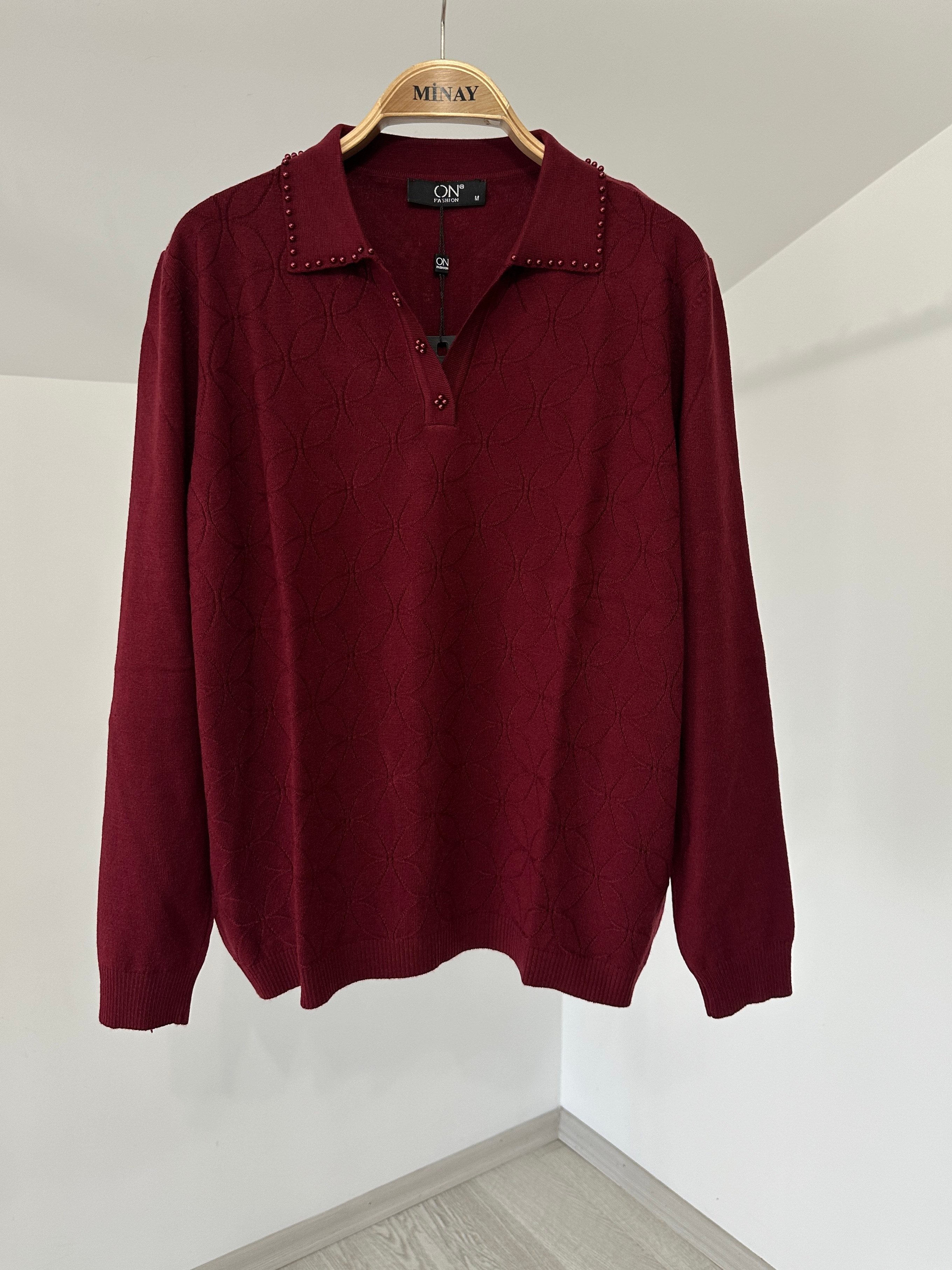 13308 Polo Yaka İncili Triko Bluz-Bordo
