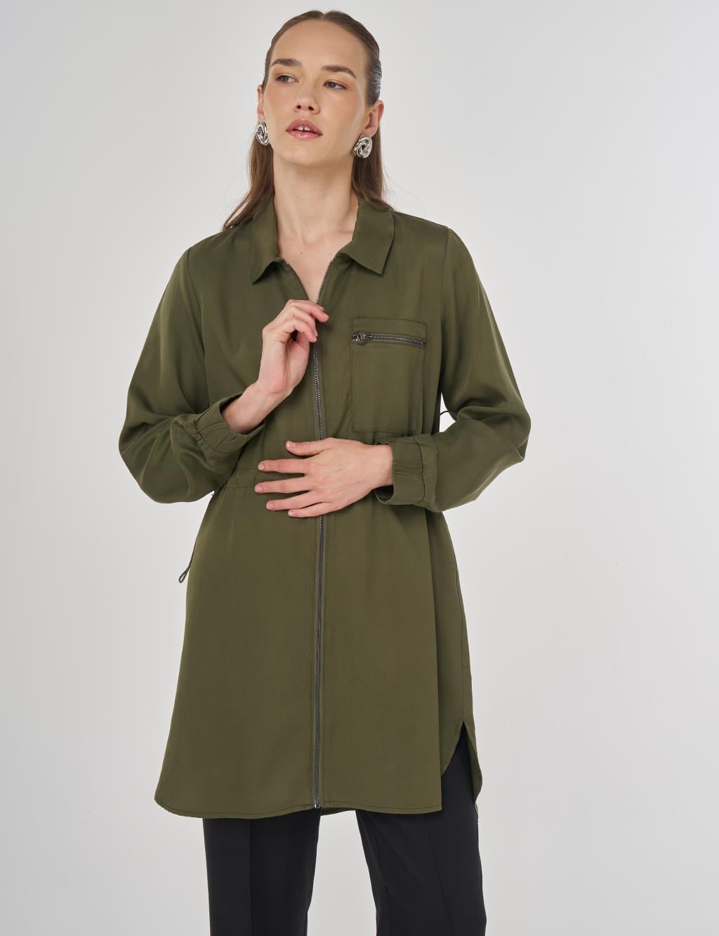 21057 Beli Büzgülü Lyocell Tunik-Haki