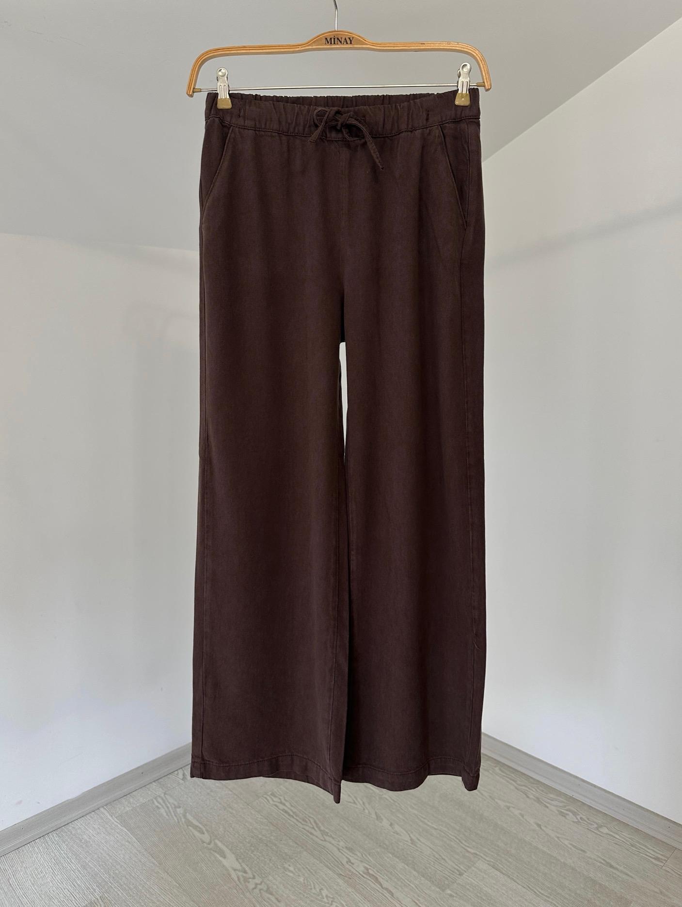 2773 Beli Lastikli Bol Paça Tensel  Pantolon-Kahve