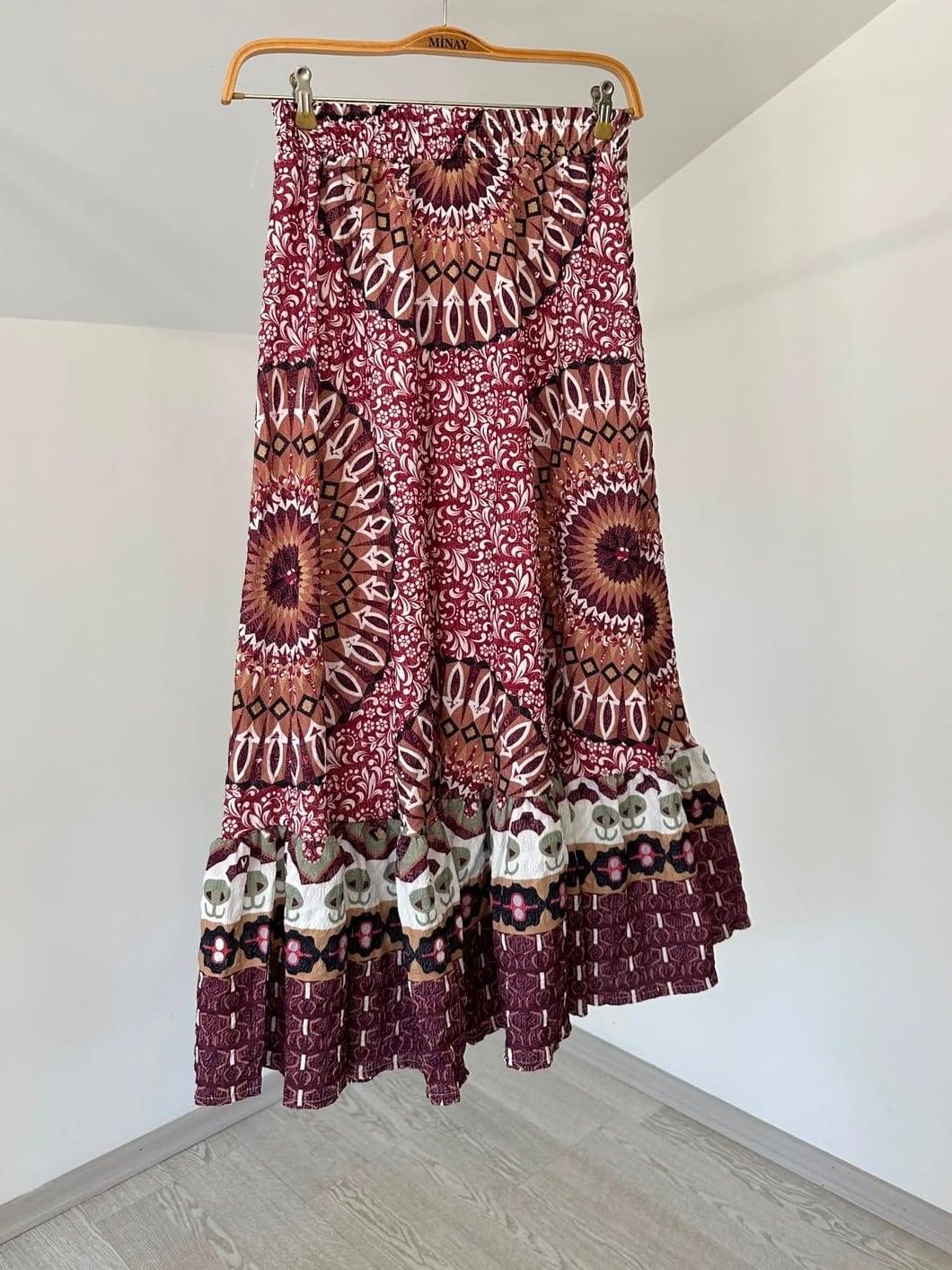 3014 Beli Lastikli Desenli Etek-Bordo