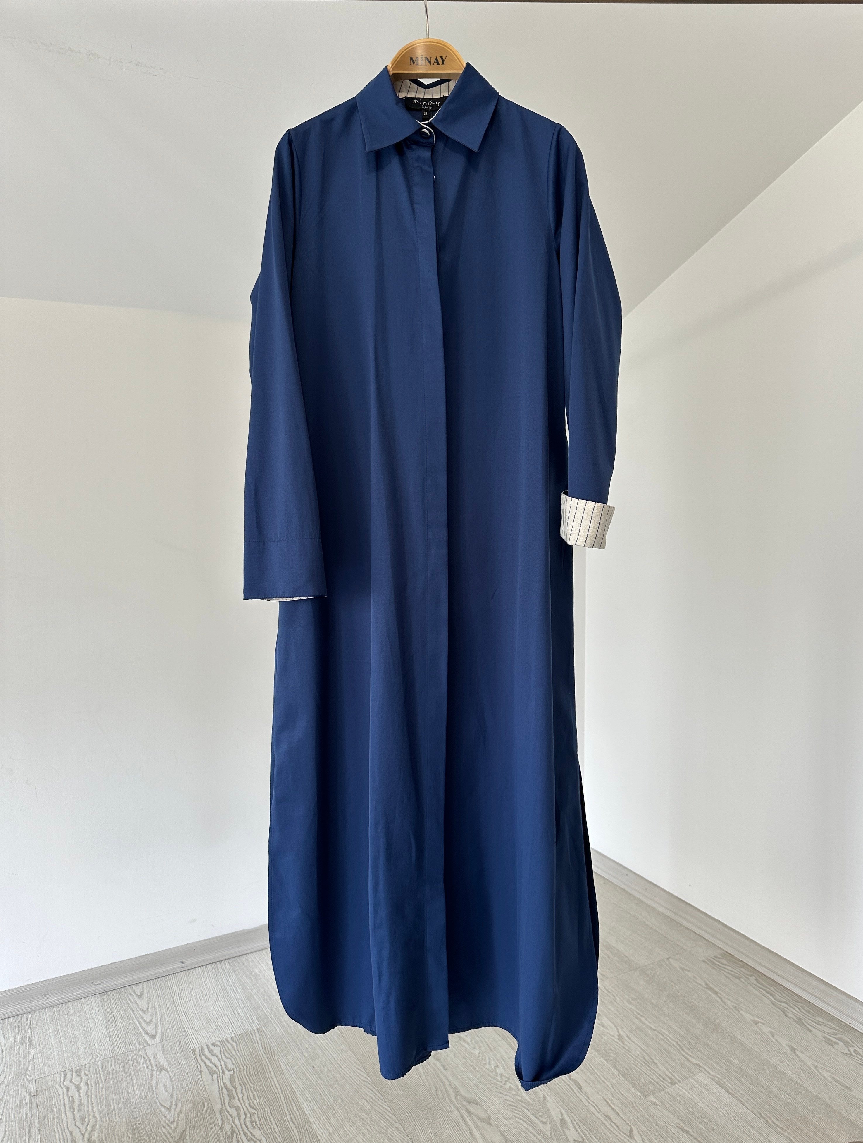 3227 Çizgili Yakalı Pardösü-Lacivert