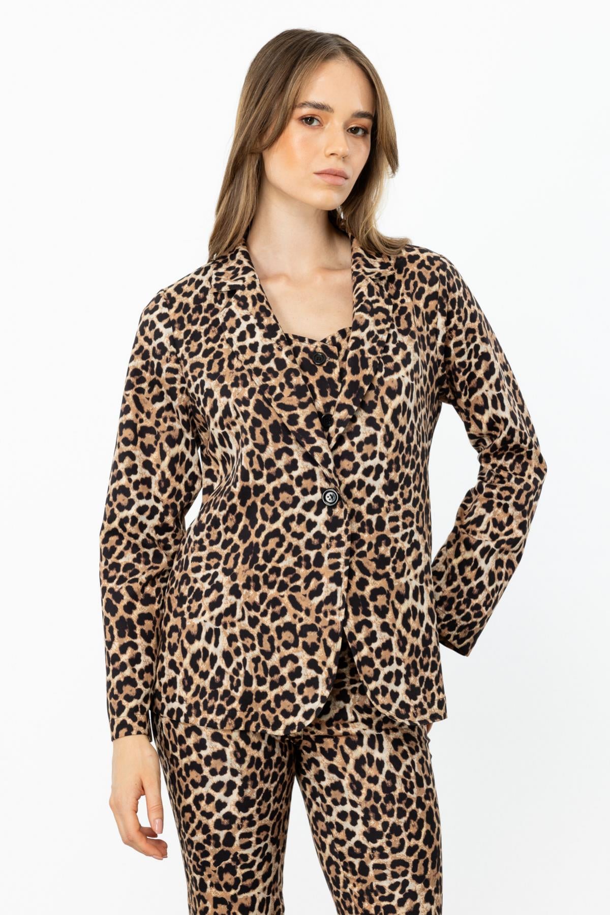 44509 Leopar Desenli Tek Düğme Ceket-Kahve