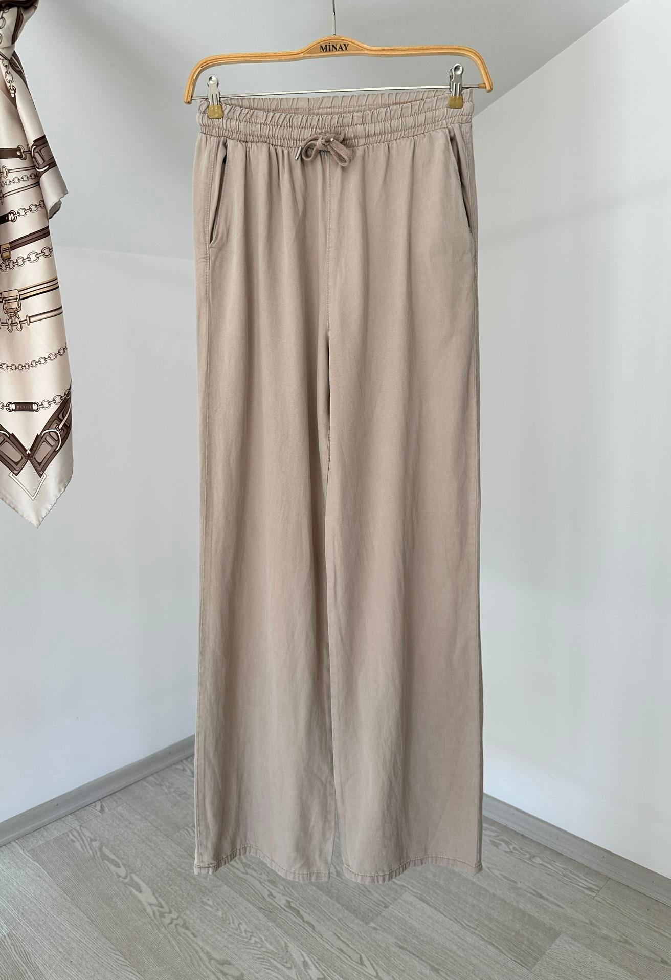 5054 Beli Lastikli Lyocell Pantolon-Bej