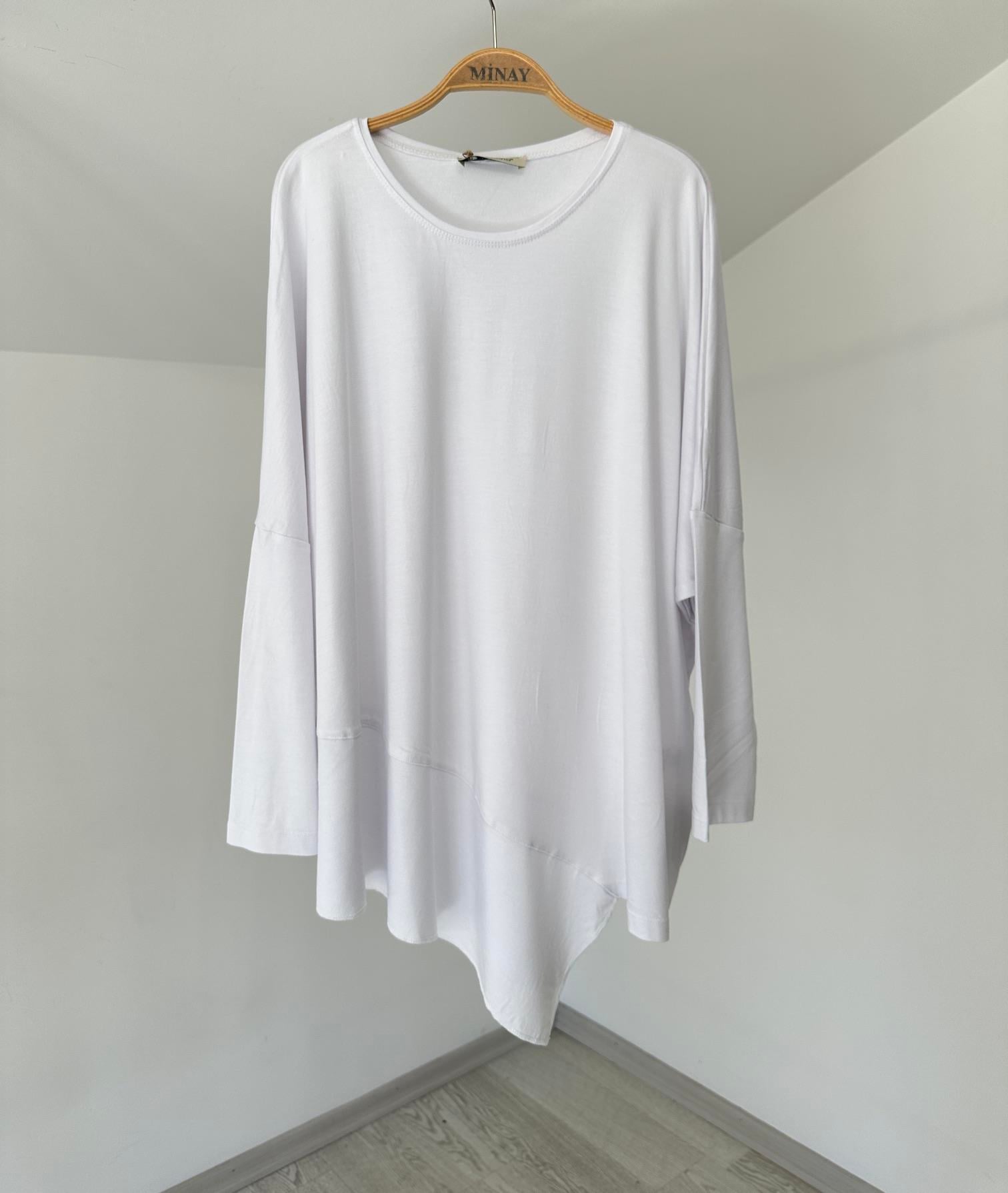 517 Asimetrik Kesim Viscose Bluz-Beyaz