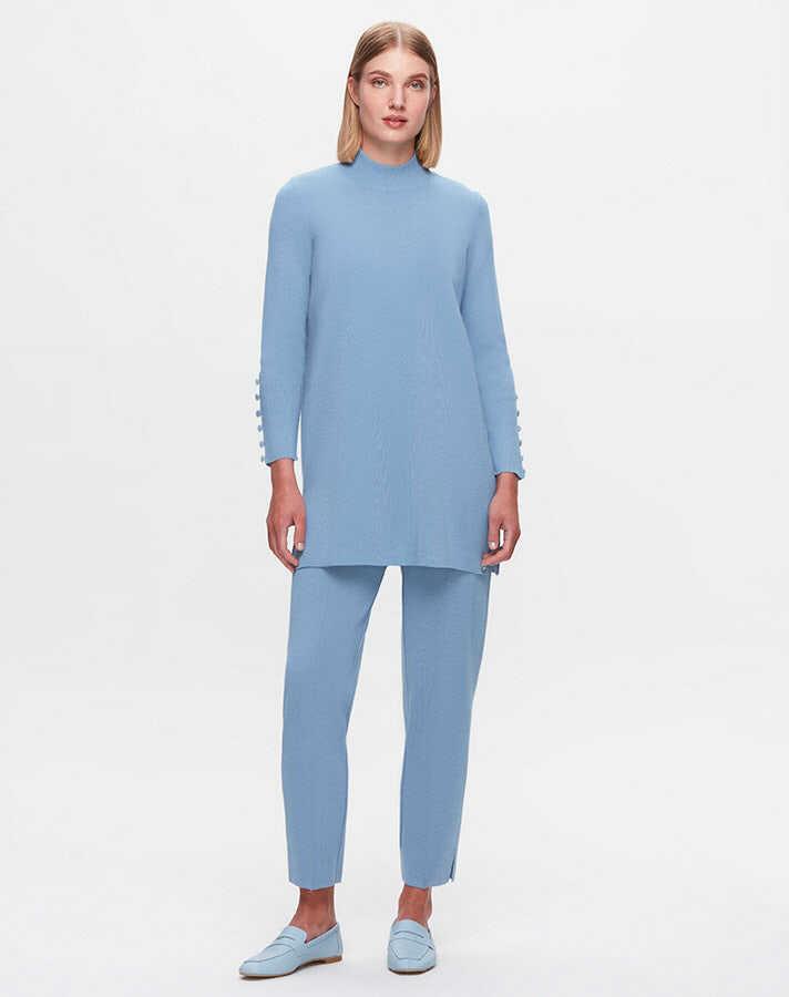 6001 Uzun Kollu Basic Triko Tunik-Mavi
