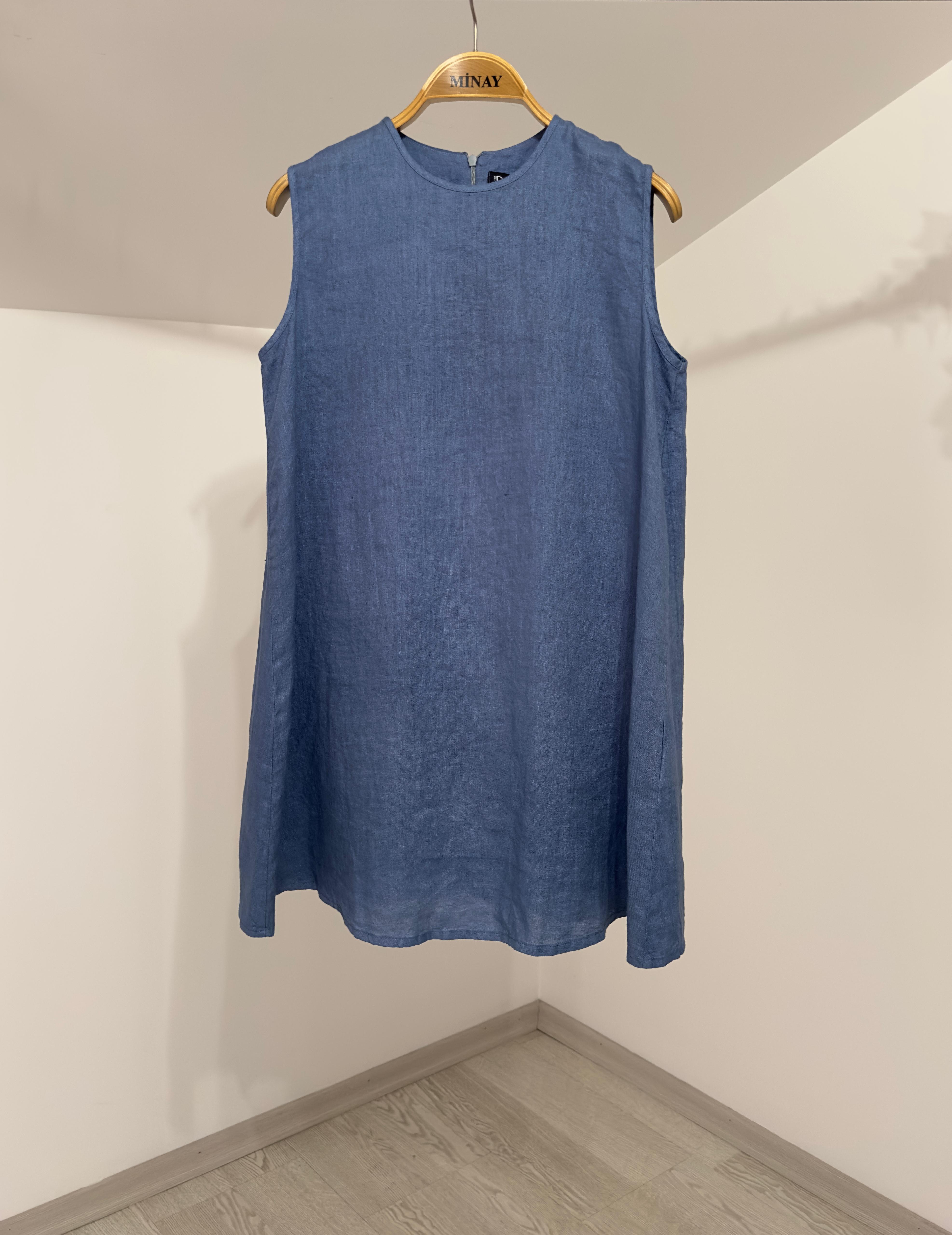 6042 Kolsuz Keten Tunik-Mavi