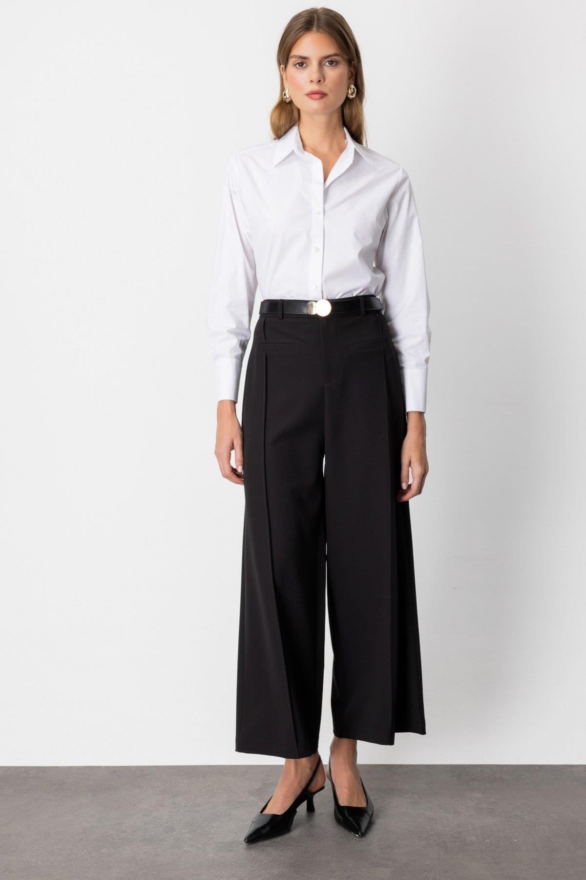 64133 Beli Kemerli Bol Paça Pantolon-Siyah