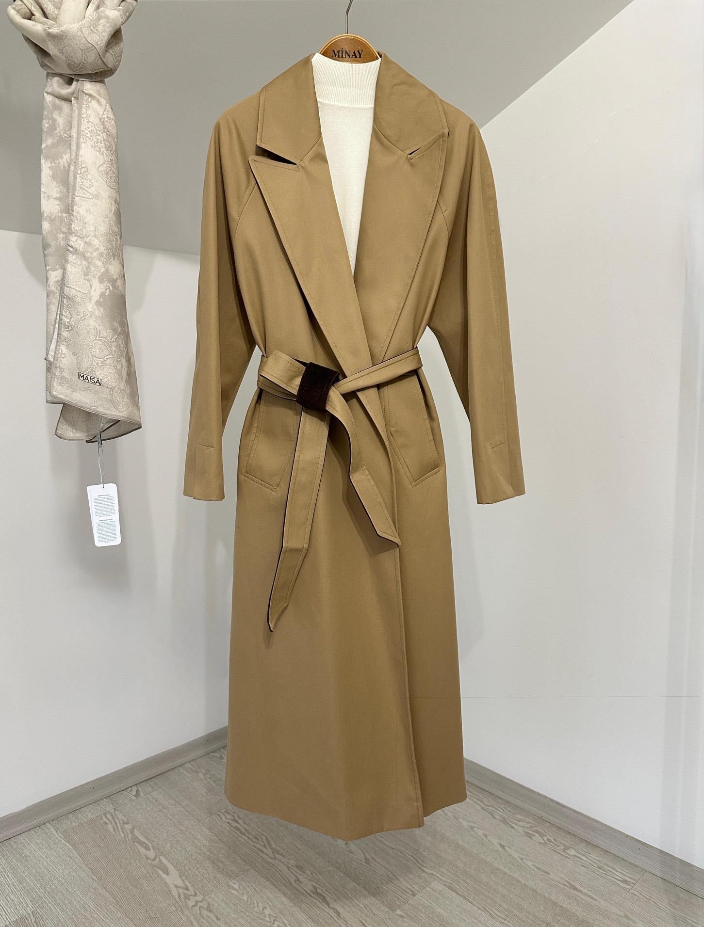 7005 Kadife Kemer Detaylı Cotton Trençkot-Camel
