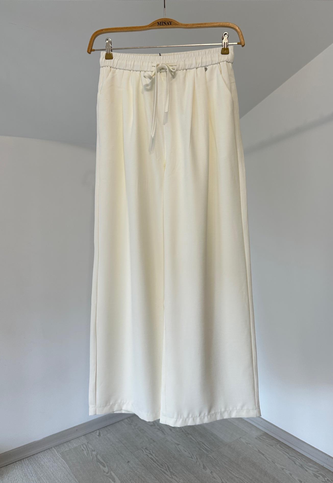 70128 Önden Pilili Bol Paça Pantolon-Ekru