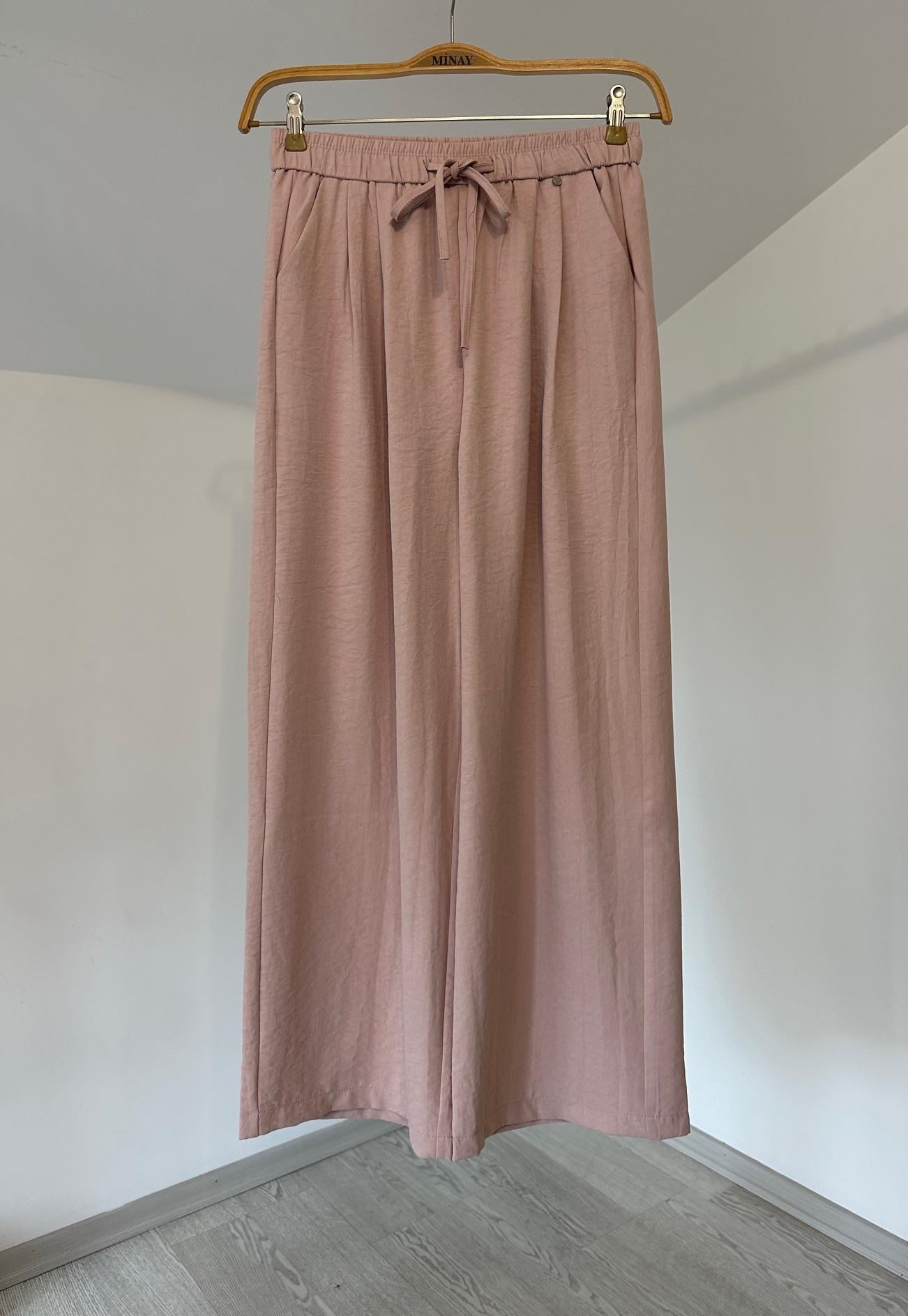 70128 Önden Pilili Bol Paça Pantolon-Pudra