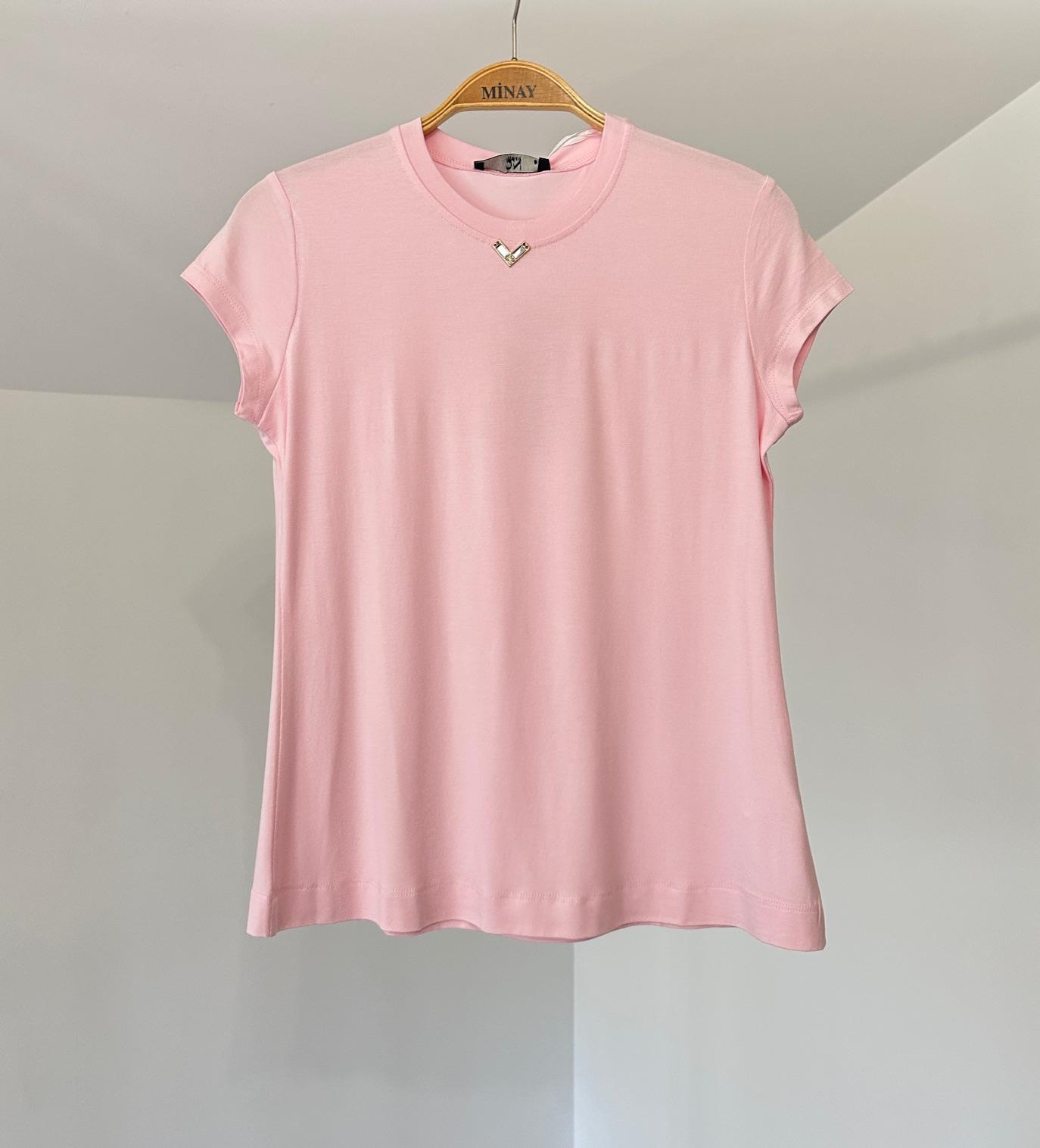 71302 Yakada Taş İşlemeli Kısa Kollu Viskon Bluz-Pembe