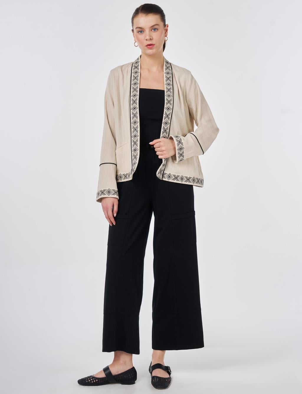 73016 %100 Pamuklu Nakış Detaylı Kimono-Taş