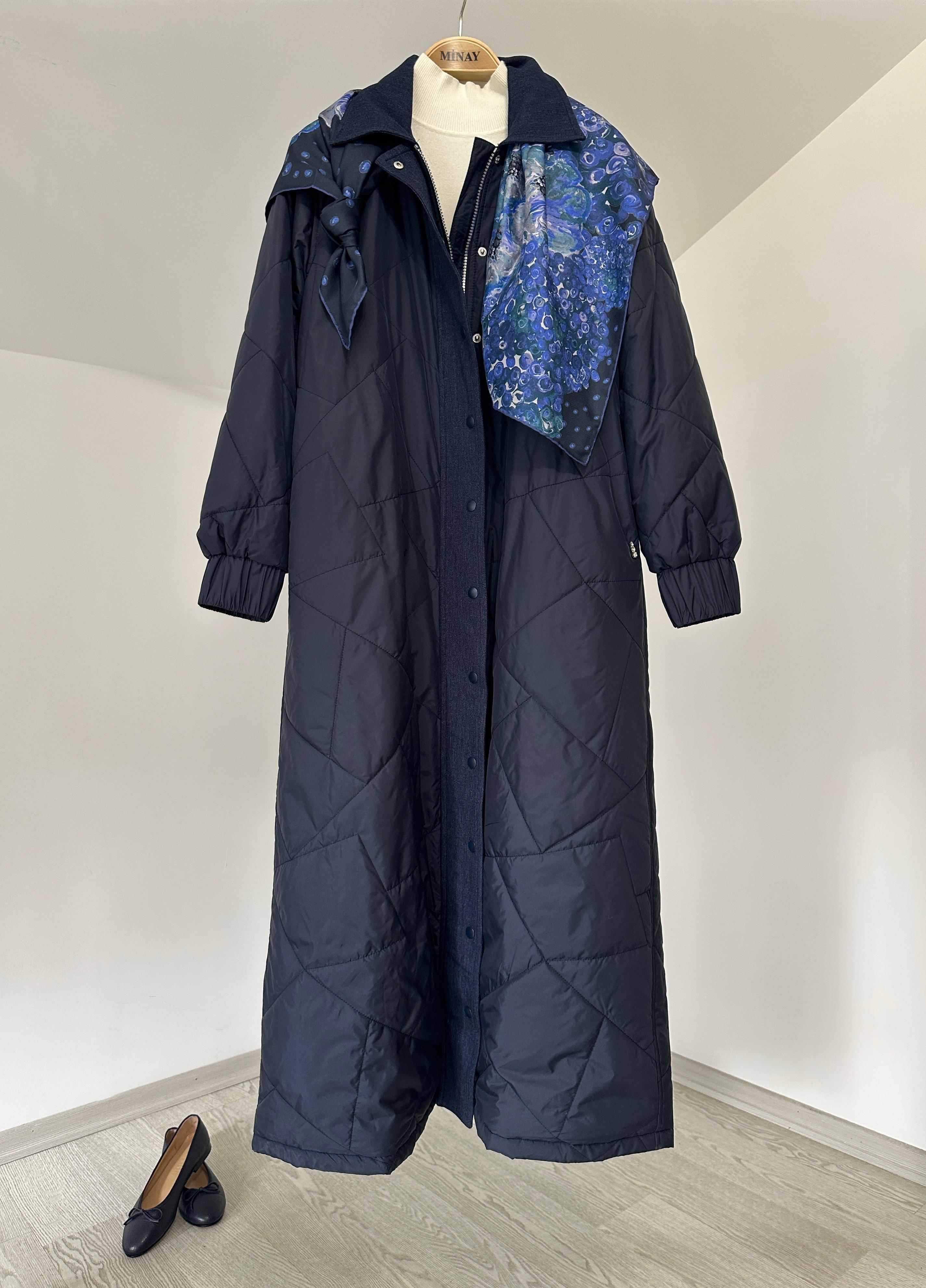 8008 Denim Garnili Dolgulu Pardesü-İndigo