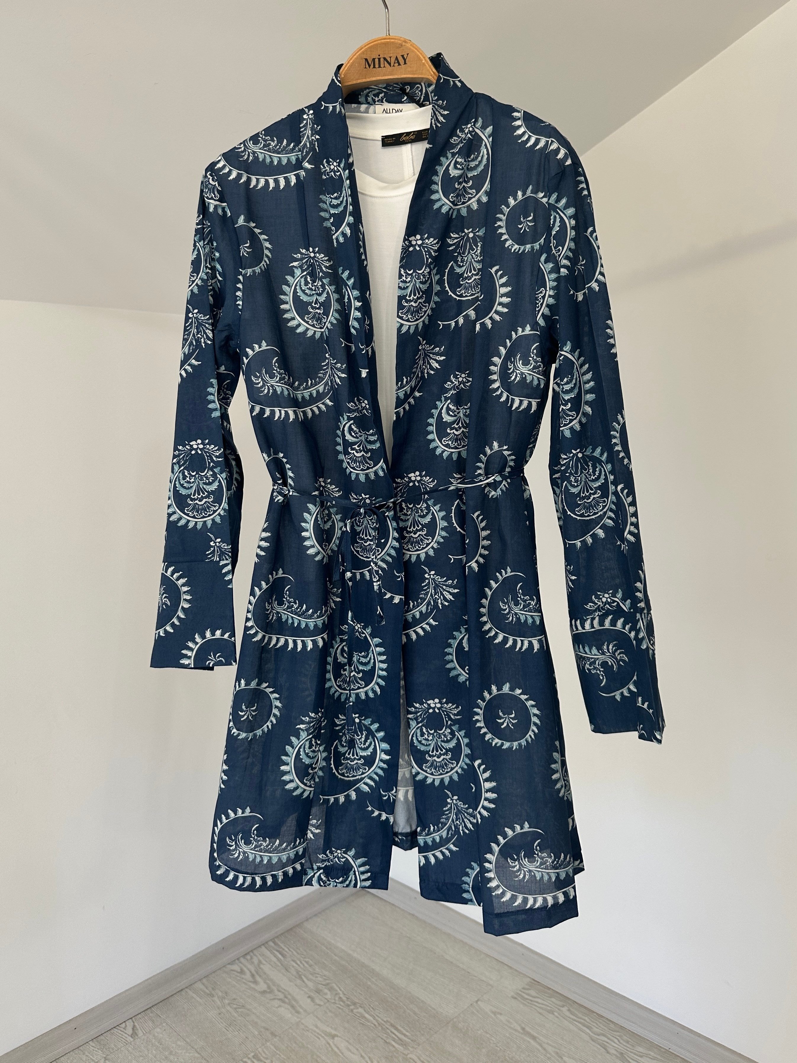 92015 Desenli Pamuklu Kimono-İndigo