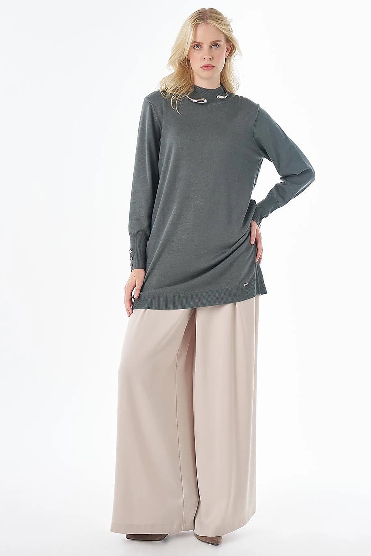 TRK08V Balıkçı Yaka Basic Viskon Triko Tunik-Küf Yeşili