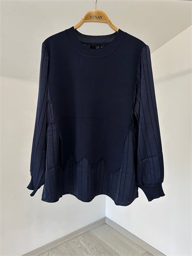 10553 Kumaş Garnili Dilimli Triko Bluz-Lacivert
