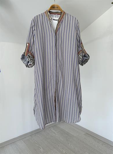 10557 Pamuklu Önden Düğmeli Tunik-Saks