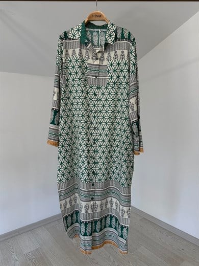 10732 Pamuklu Desenli Gömlek Elbise-Yeşil