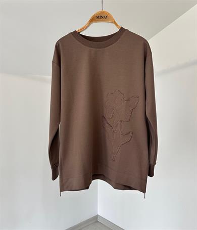 13412 Yanlarda Fermuar Detaylı Cotton Bluz-Kahve