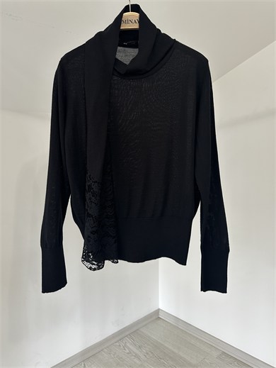 14004 Dikili Dantel Atkılı Triko Bluz-Siyah