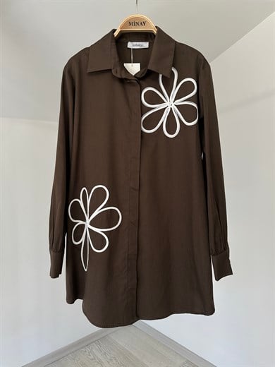 1625 Çiçek Aplikeli Tunik-Kahverengi