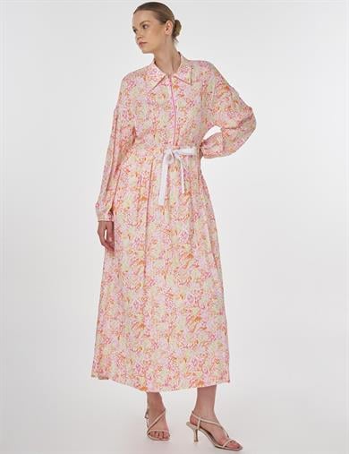 23074 Desenli Astarlı Viskoz Elbise-Pembe
