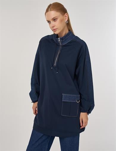 31005 Kumaş Garnili Dik Yaka Sweatshirt-Lacivert