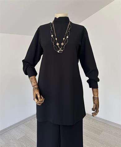 411 Dik Yaka Krep Tunik-Siyah
