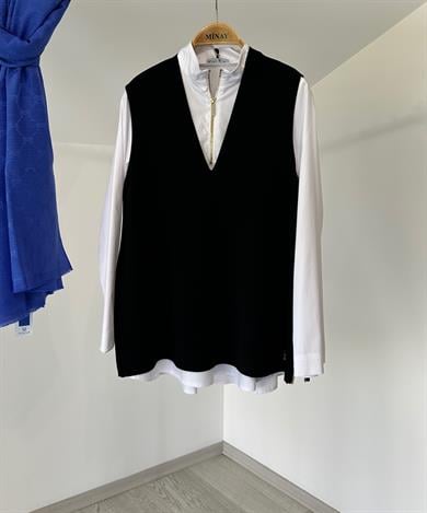 6017 Etek Ucu Fermuarlı İtalyan Rayon İplik Triko Kolsuz V Yaka Bluz-Siyah