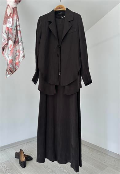 60252 Cupro Elbise Keten Ceket Takım-Kahve