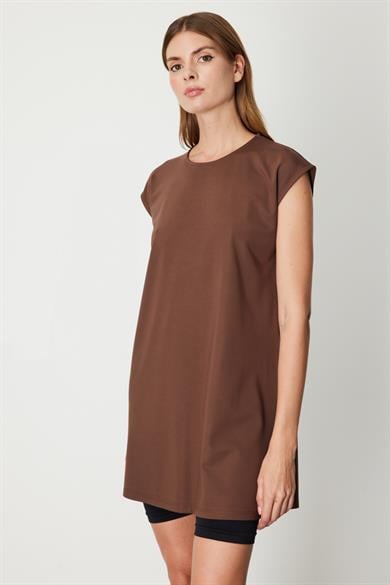 61419 Sıfır Yaka Basic Tunik-Kahve