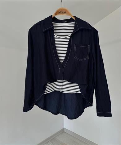 70492 Kontrast Dikiş Detaylı Bluz-İndigo