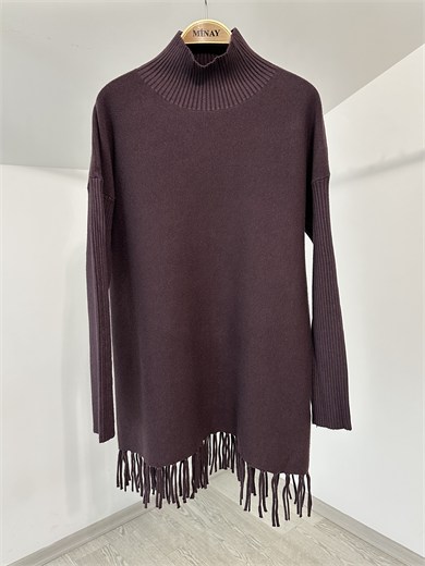 TRK134 Etek Ucu Püsküllü Triko Tunik-Bordo
