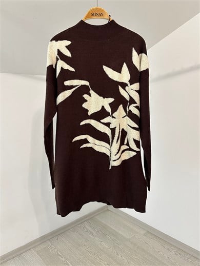 TRK137 Yaprak Desenli Triko Tunik-Kahverengi